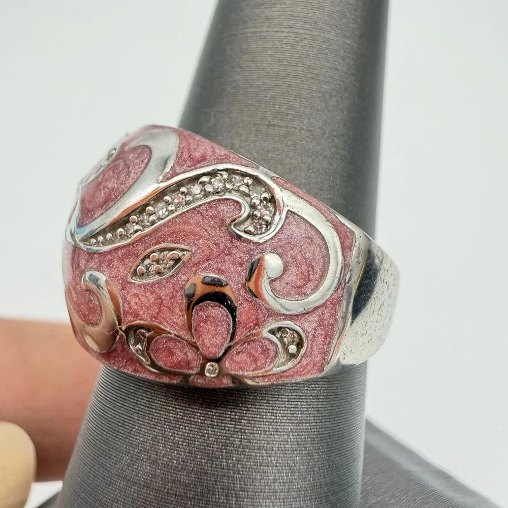 Vtg QVC Designer JWBR Sterling Silver Diamond Ring Floral Pink Enamel Sz7.25